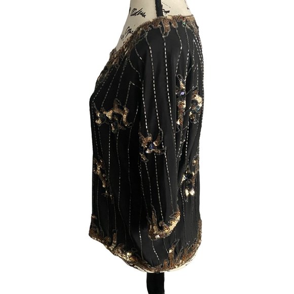 VTG Argenti Womens Black Party Top Size Medium Silk Beaded Sequined Vintage 80s - Picture 2 of 10